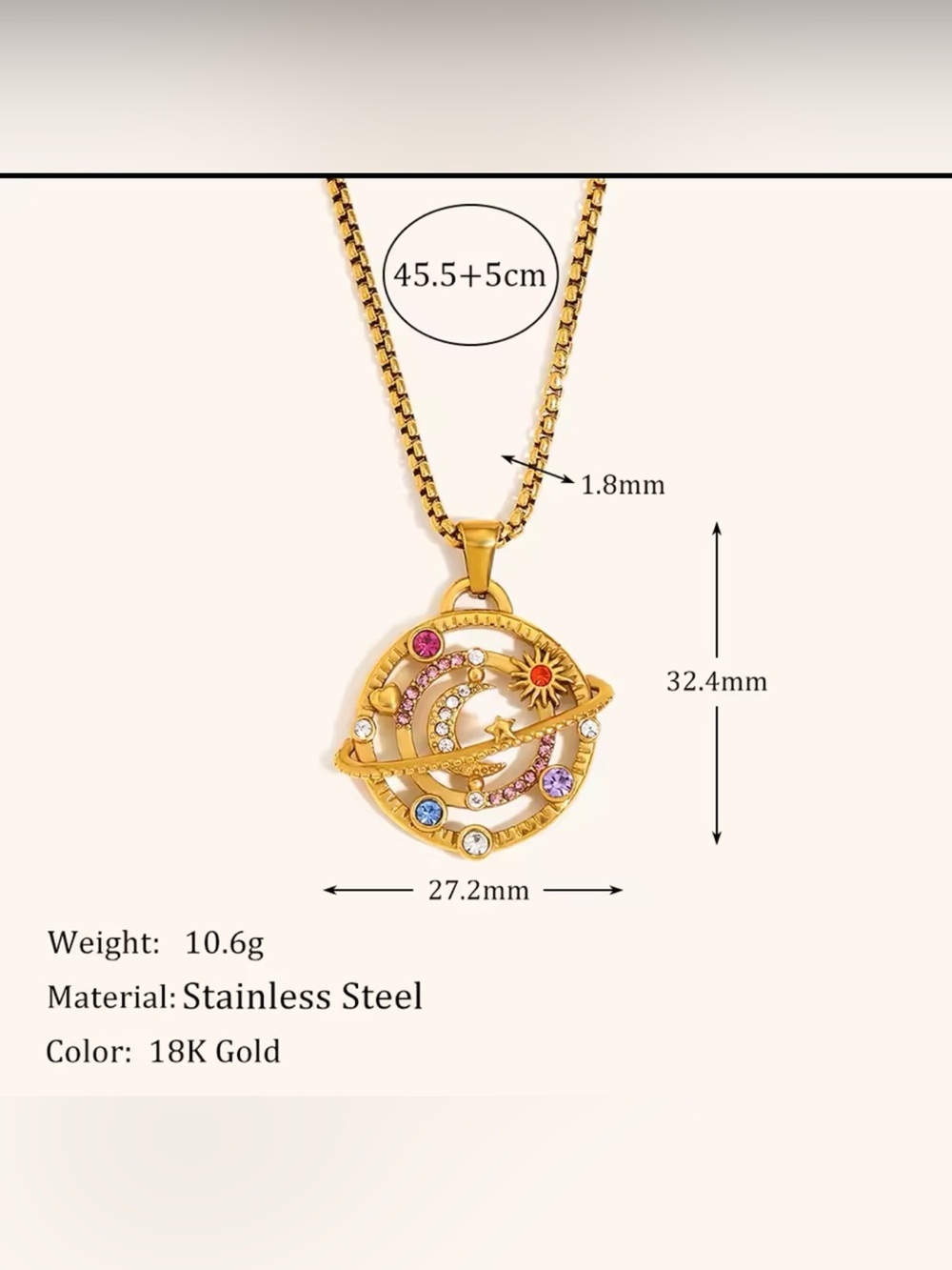Colorful Rhinestone Moon Star Planet Necklace Stainless Steel 18K Gold Plated - Picture 9 of 9